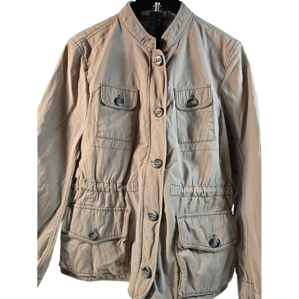 Ann Taylor LOFT Womens XL Tan Khaki Utility Field Jacket Button Front Drawstring - Picture 2 of 10